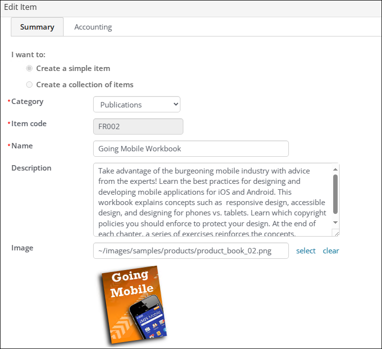 Commerce item Accounting tab