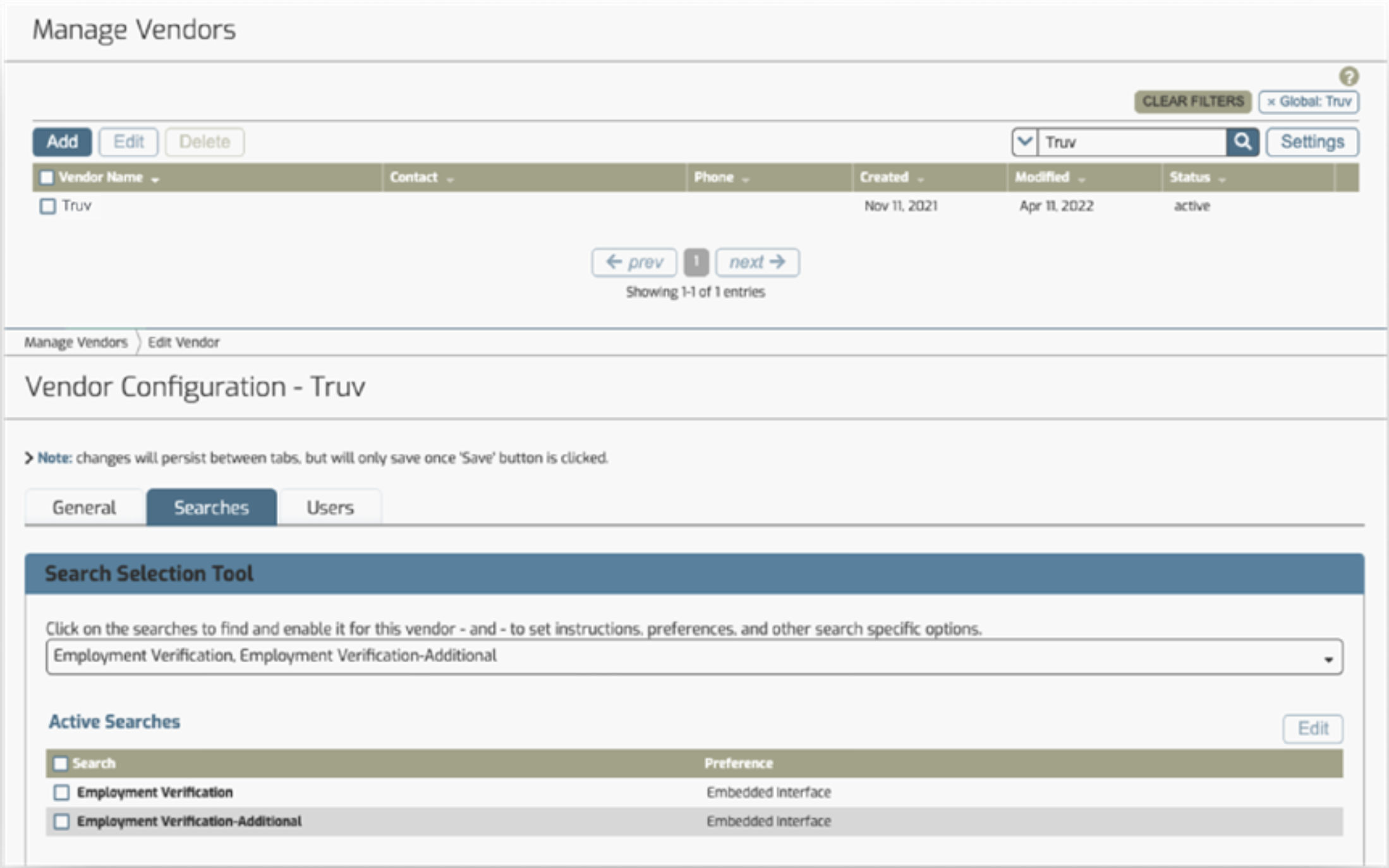 Manage vendor tab with search selection tool using embedded interface preferences.