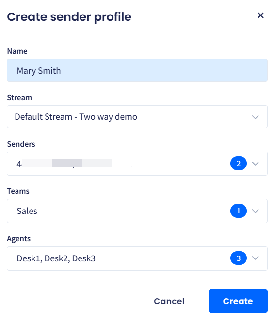 Screenshot of the Create new sender profile dialog box