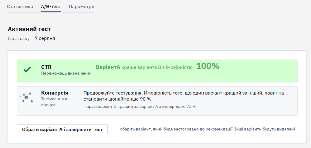 Переможець А/В-тесту з результатами на першому екрані перегляду
