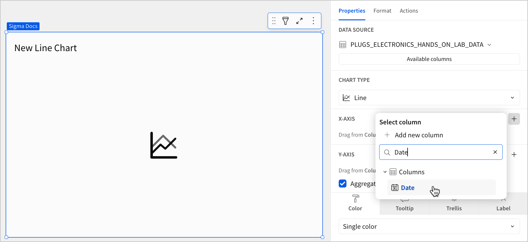 A blank line chart titled New Line Chart with the cursor hovering over a column named Date in the Select column popover, and the word "Revenue" entered in the search box.