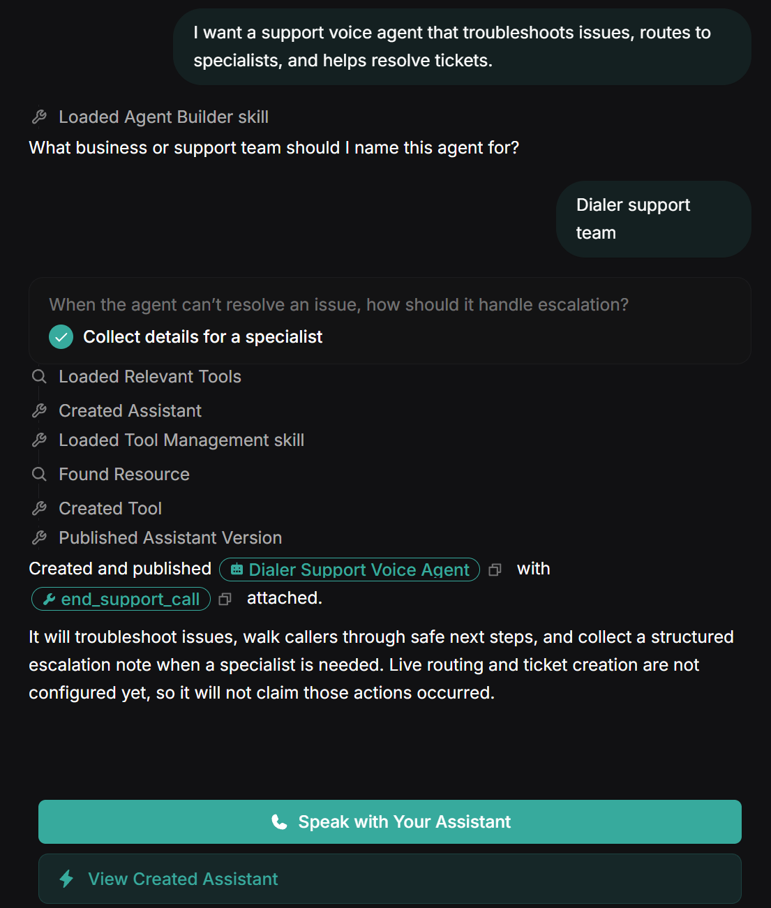 Screenshot of the draft assistant created