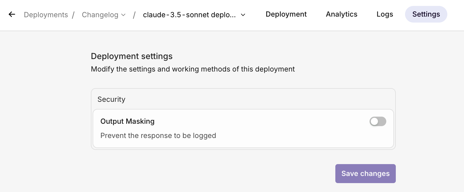 Toggling on Output Masking in the Deployment settings