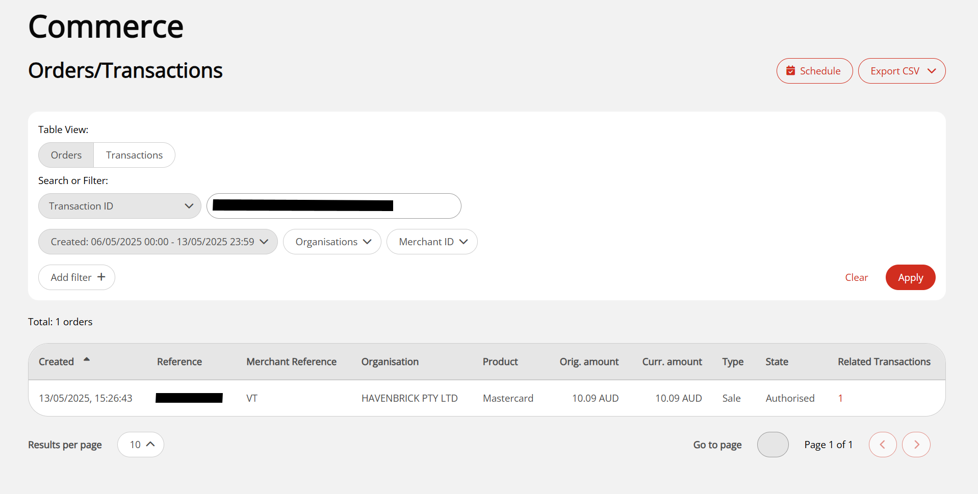 The payment processed through Virtual Terminal displayed in the Commerce dashboard in the OnlinePay dashboard.