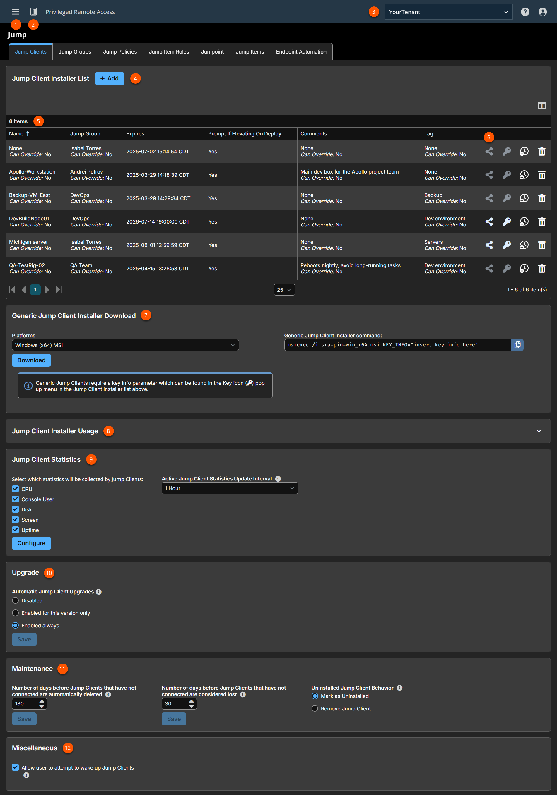 An image of the Jump Client Installer List interface in a remote access management software. The interface includes sections for adding and managing Jump Clients, downloading generic installers, configuring usage statistics, upgrading clients, maintaining inactive clients, and miscellaneous settings.