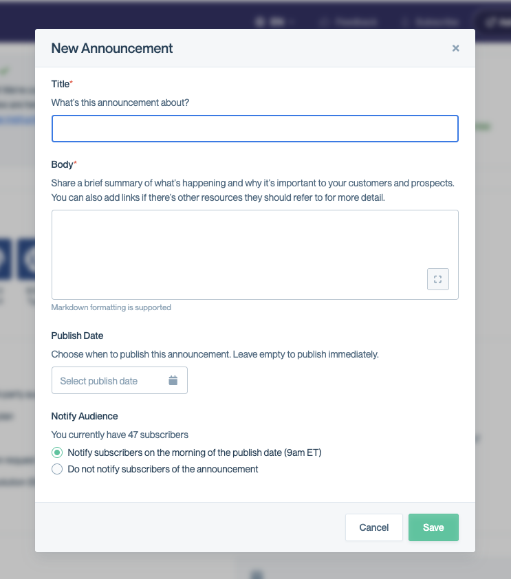 New Announcement modal with fields for Title, Body, Publish Date, and Notify Audience including subscriber count and notification options.