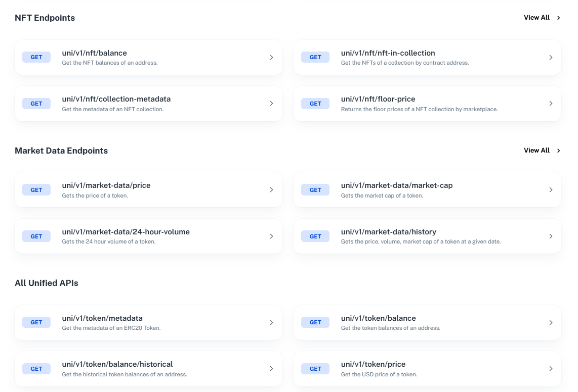 Uniblock Dashboard Endpoints with Token, NFT, MarketData categories and endpoints.