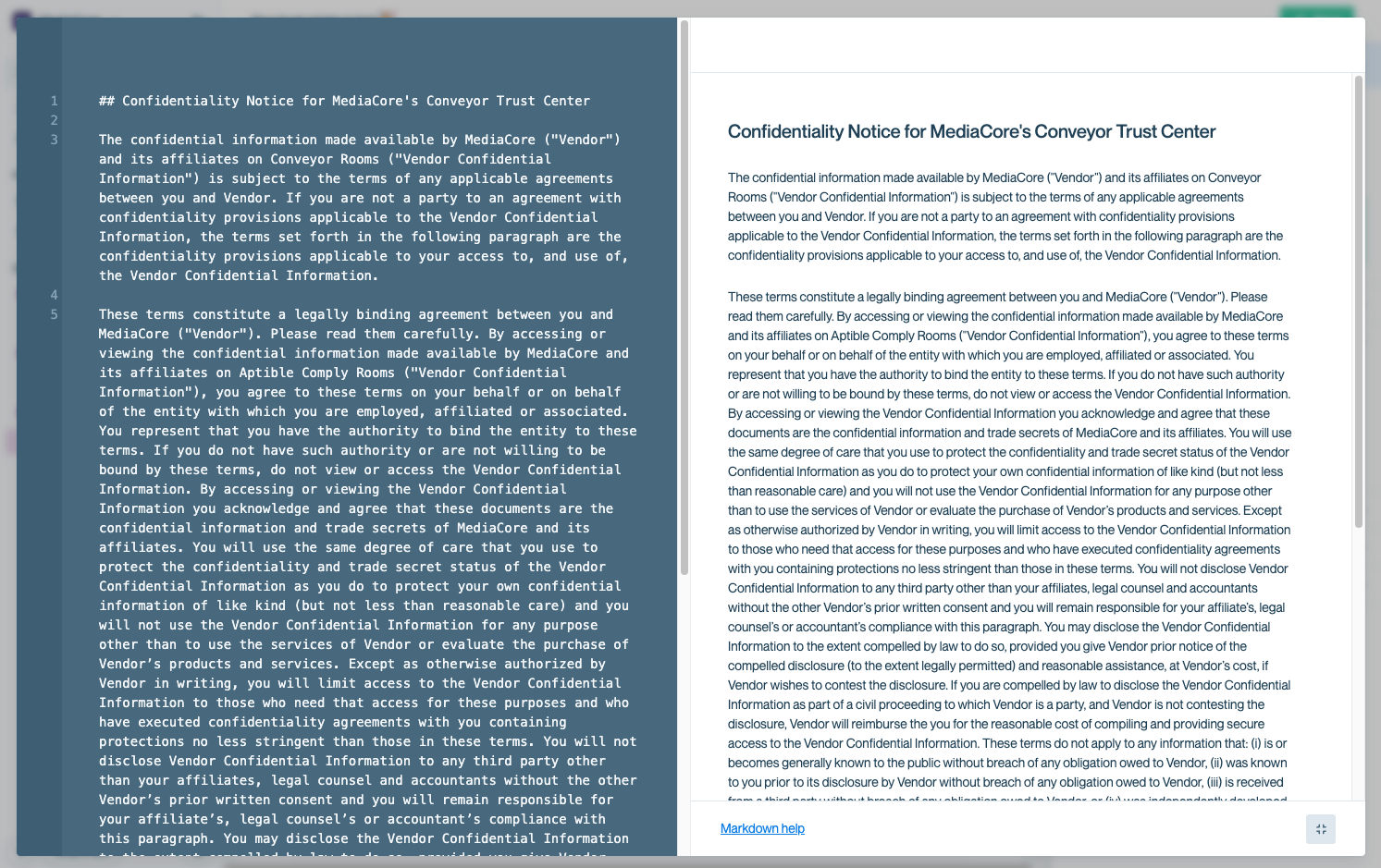 Expanded NDA editor with Markdown input on the left and live preview on the right.