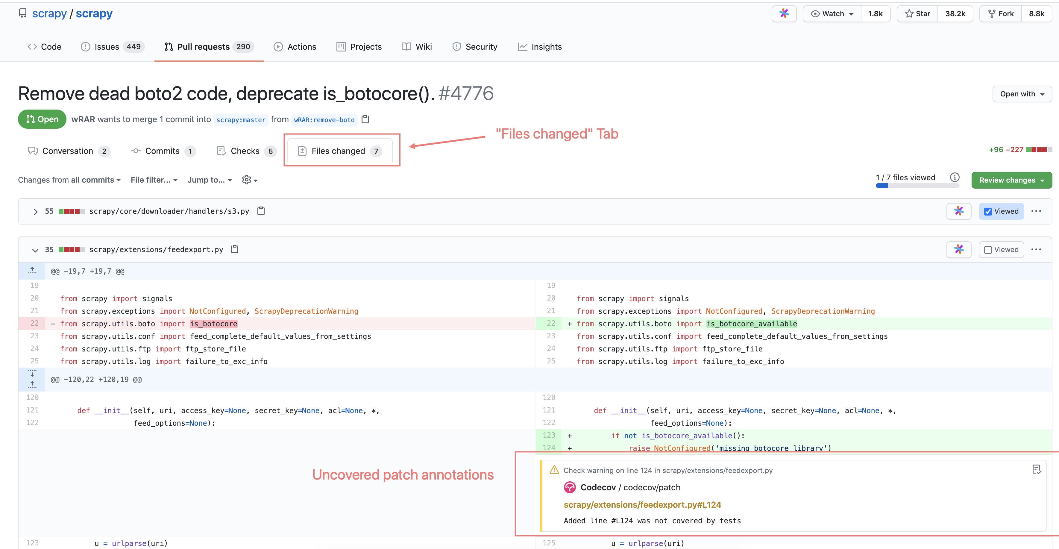 A GitHub Pull Request, showing code annotations from Codecov directly in the diff.
