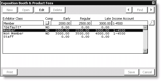 From Exposition, select Set up an exposition, double-click an exposition, double-click an exposition product, click More, and select Fees