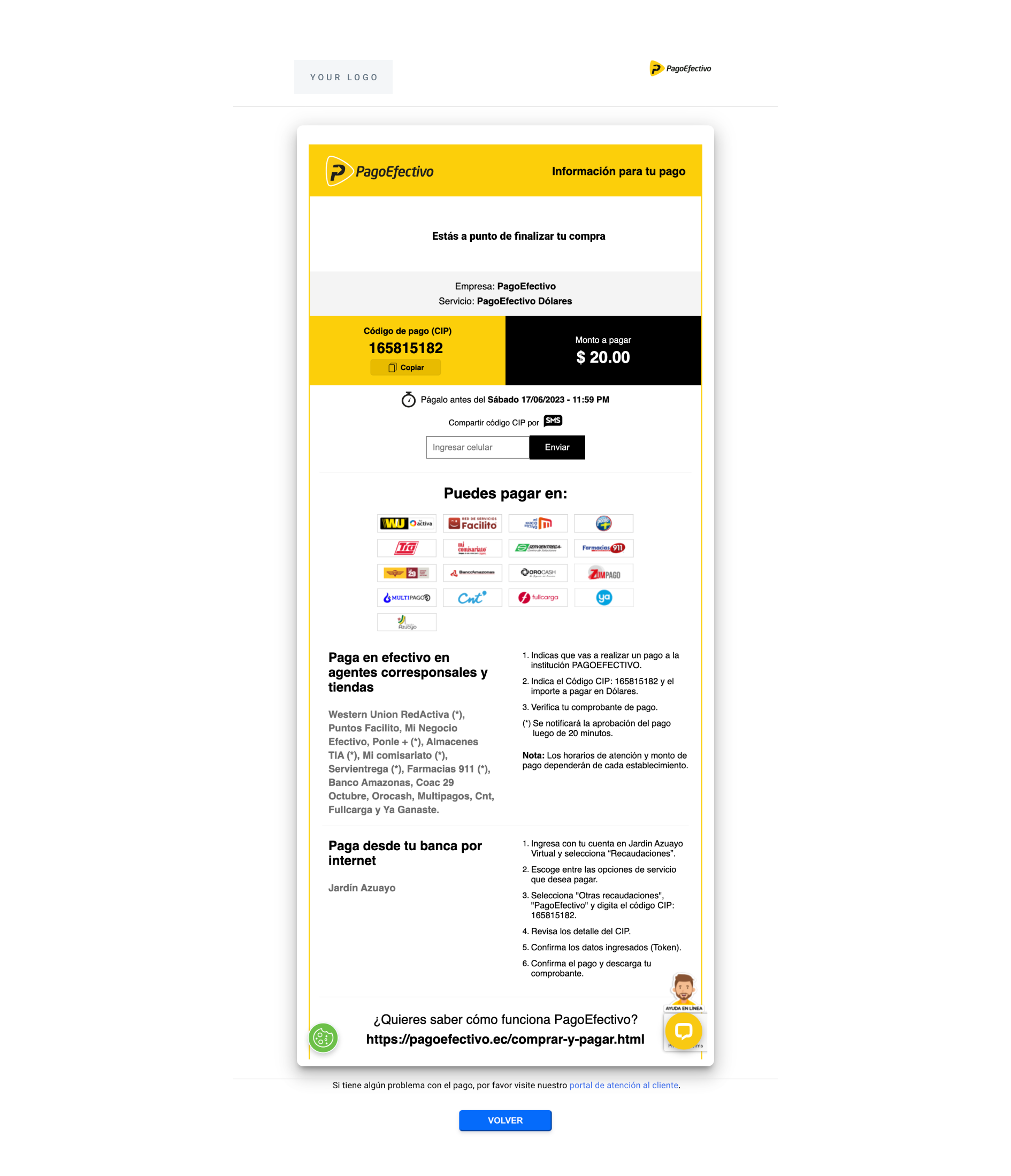 Pago Efectivo UI built with the information in the example above.