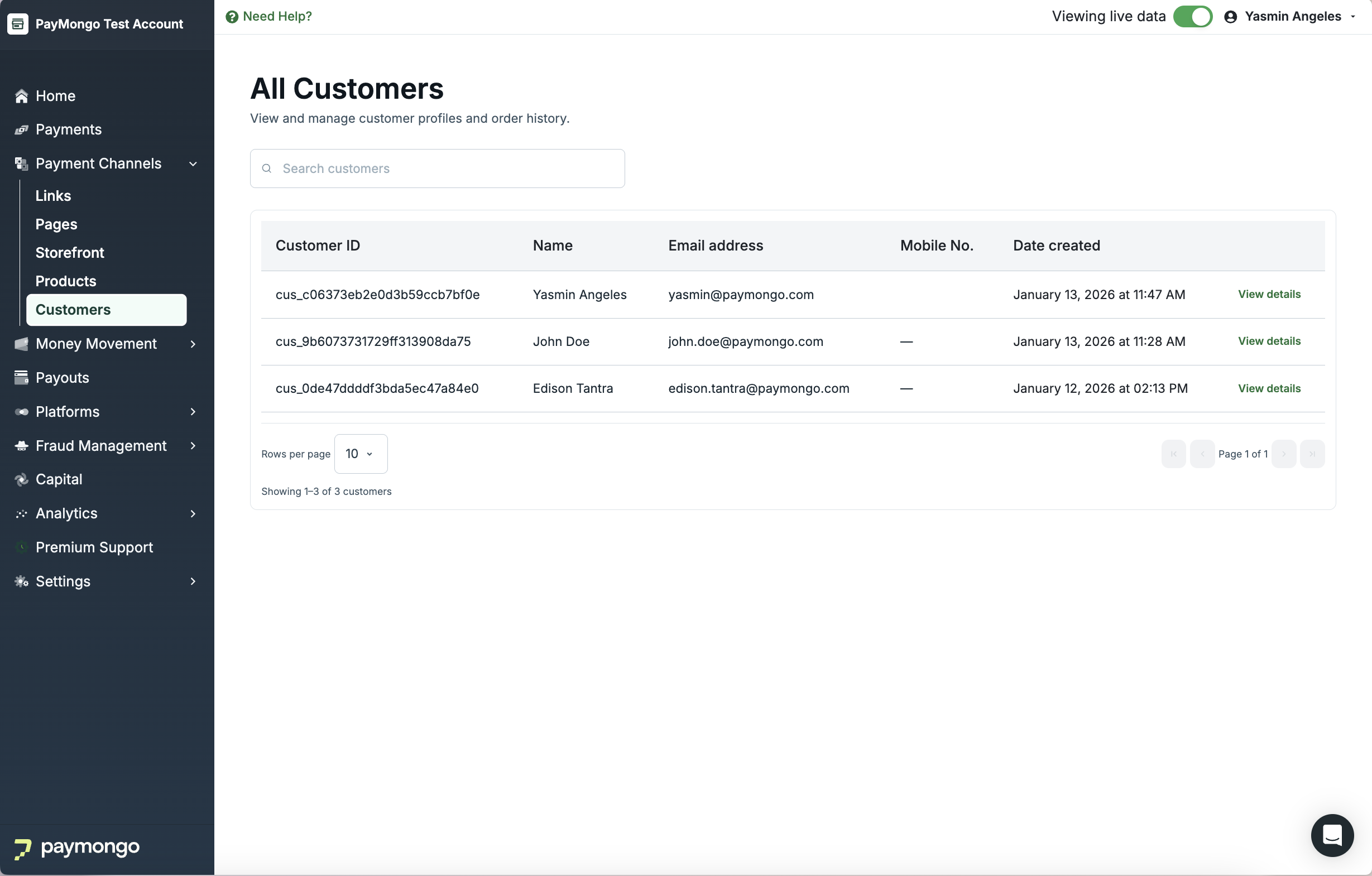 Viewing customer list