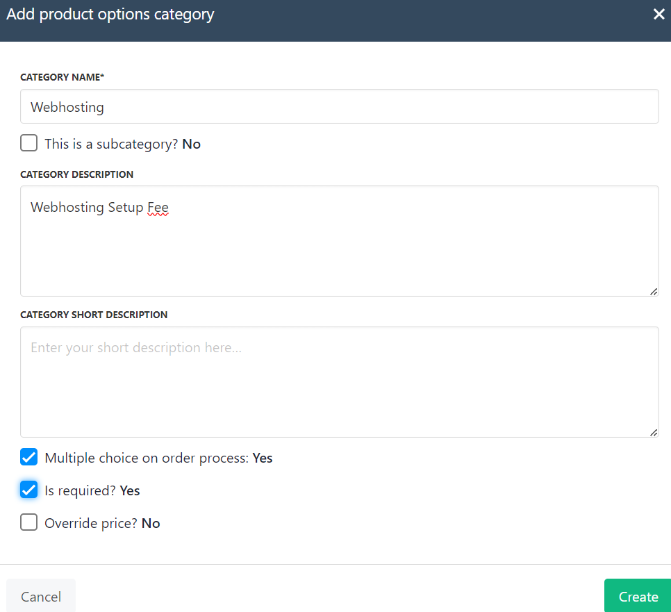 Add subcategory of product option