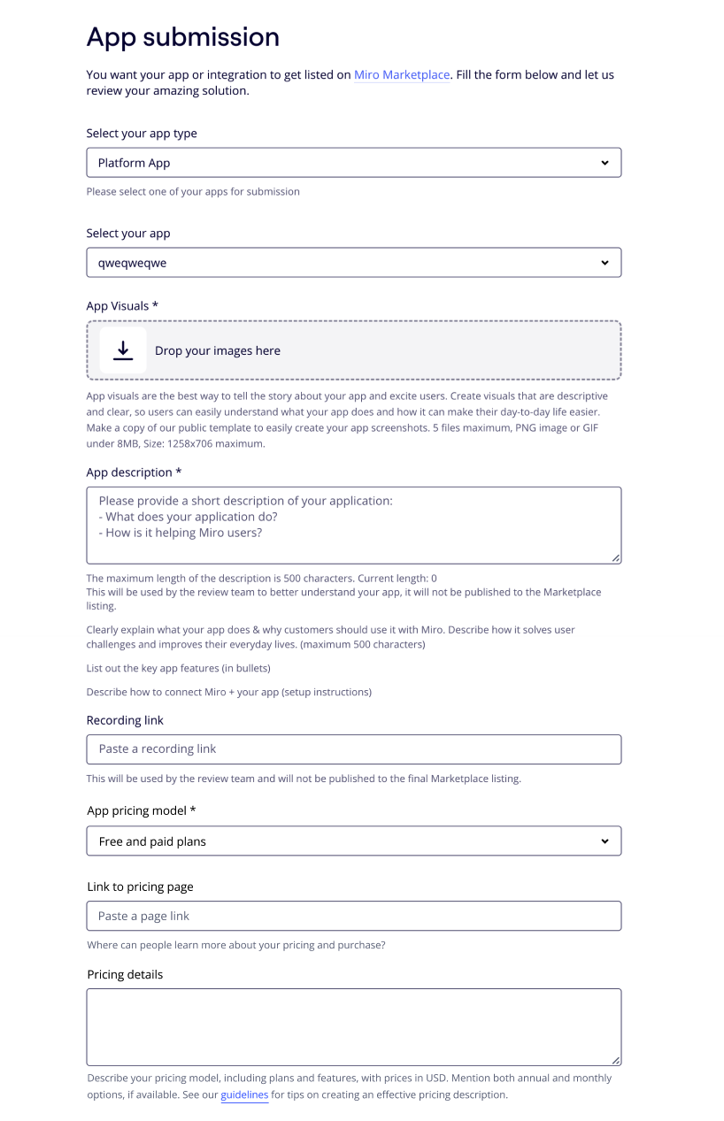 Figure 3: App submission form required fields for pricing details.