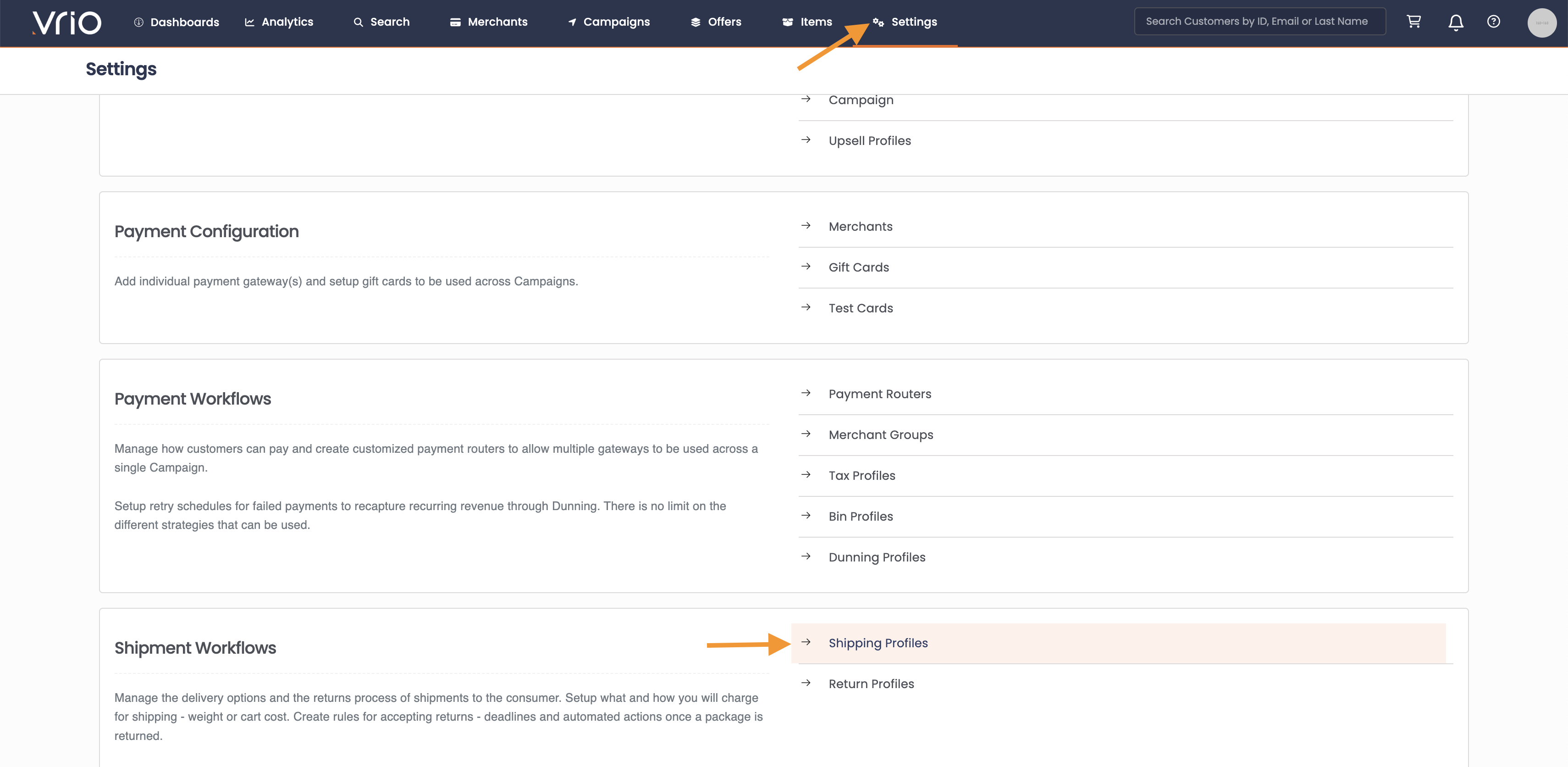 Navigating to Shipping Profiles in Settings