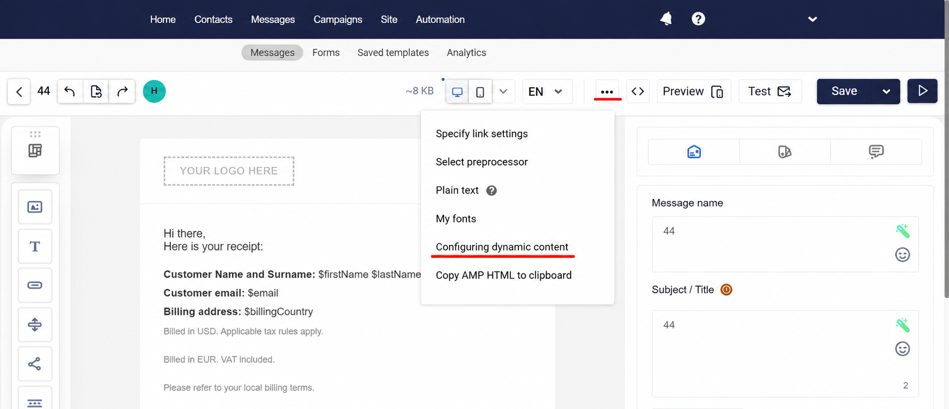Configure dynamic content panel with JSON input and Preview message button