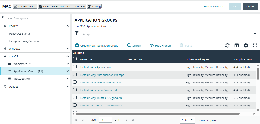 The Application Groups page with all groups displayed.