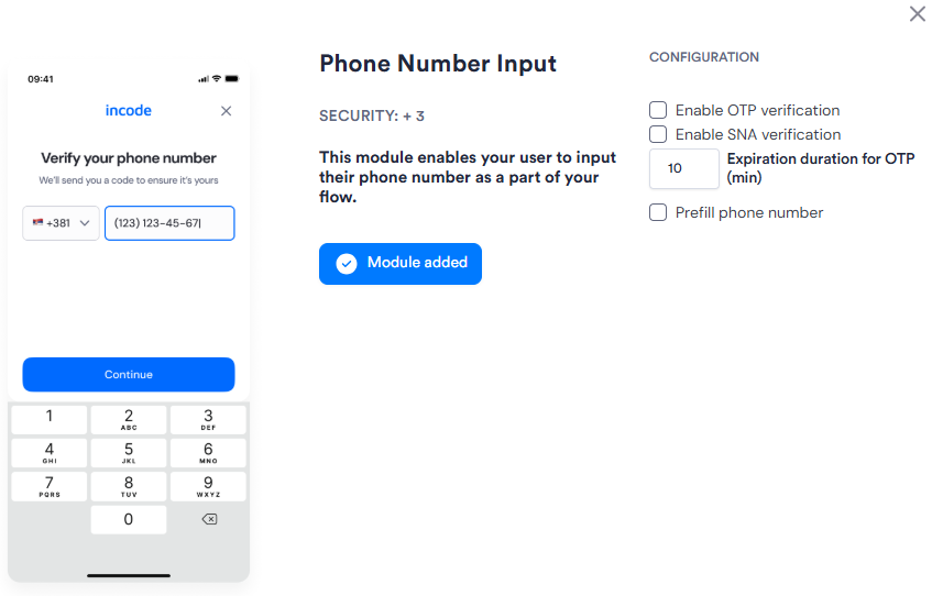 Image of the Phone Number Input configuration panel in Flows. Has four configuration options.