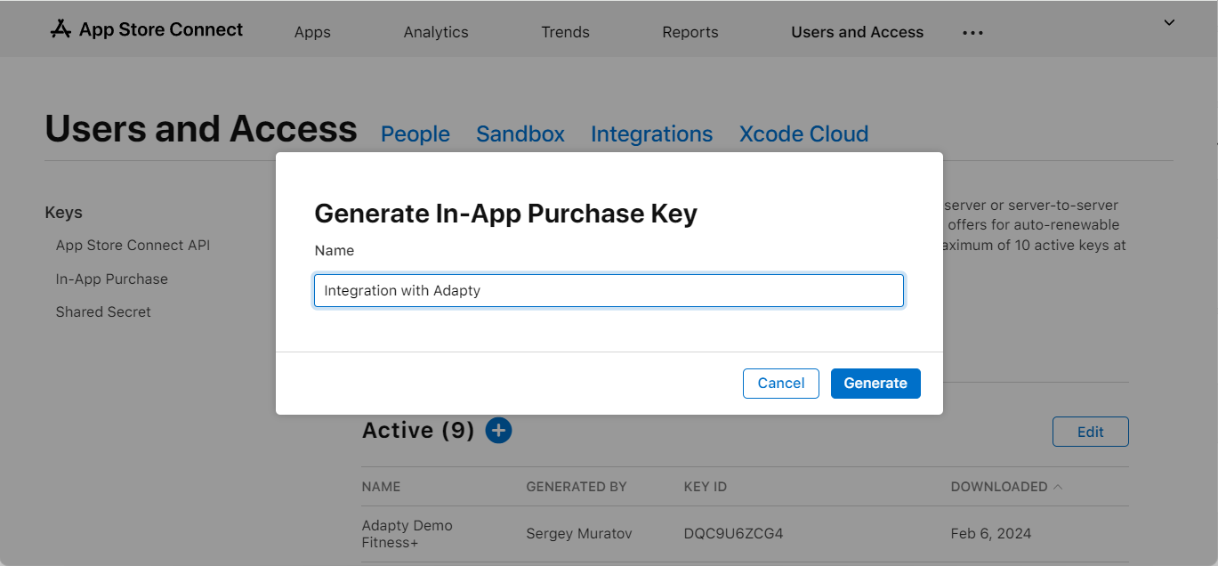 Generating new in-app purchase key