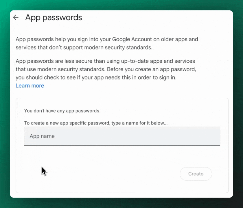 Gif showing the app passwords section of the Gmail settings. "Sublime Platform" app password is created.
