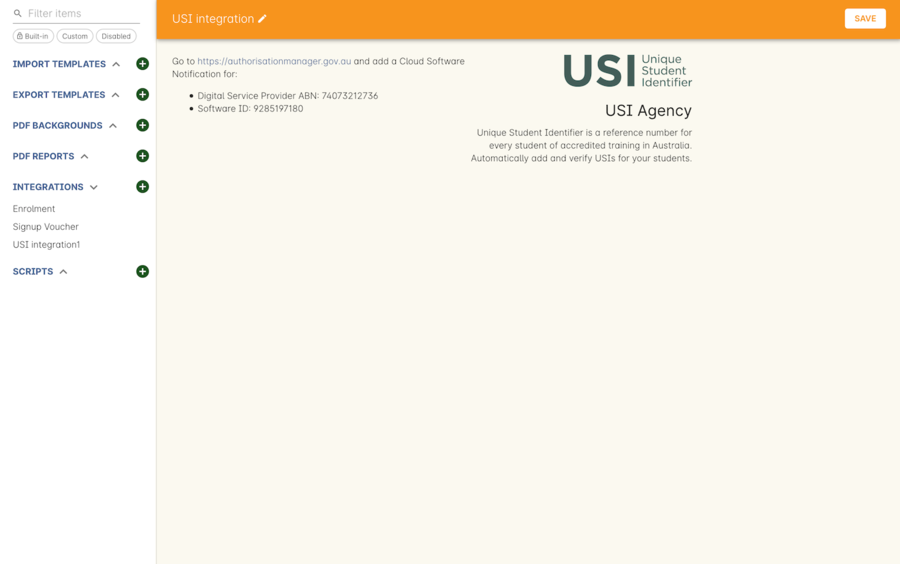 USI Agency Integration window