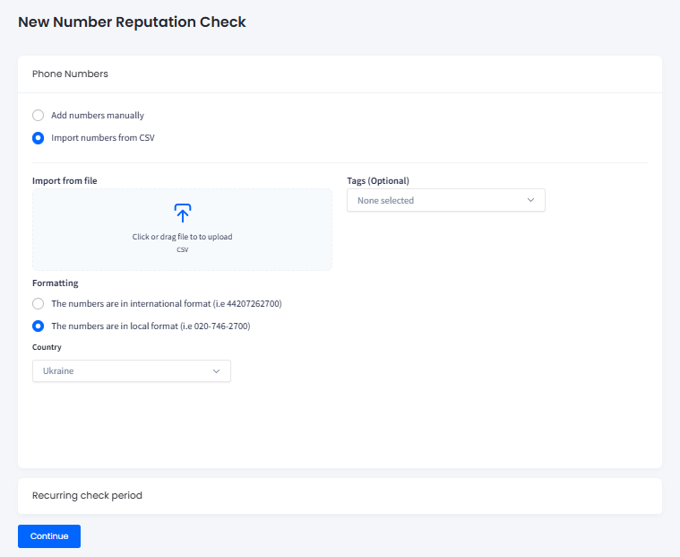 Screenshot of the New Number Reputation Check page: Import numbers from CSV option