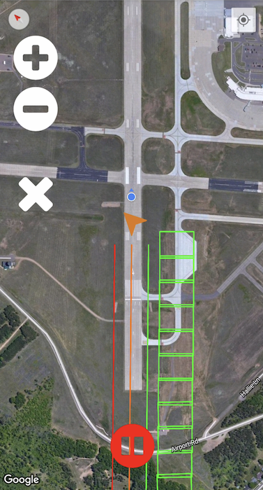 Raptor Maps coverage application for manned aircraft.
Green boxes indicate coverage, blue arrow indicates 
aircraft direction, orange chevron indicates north.
