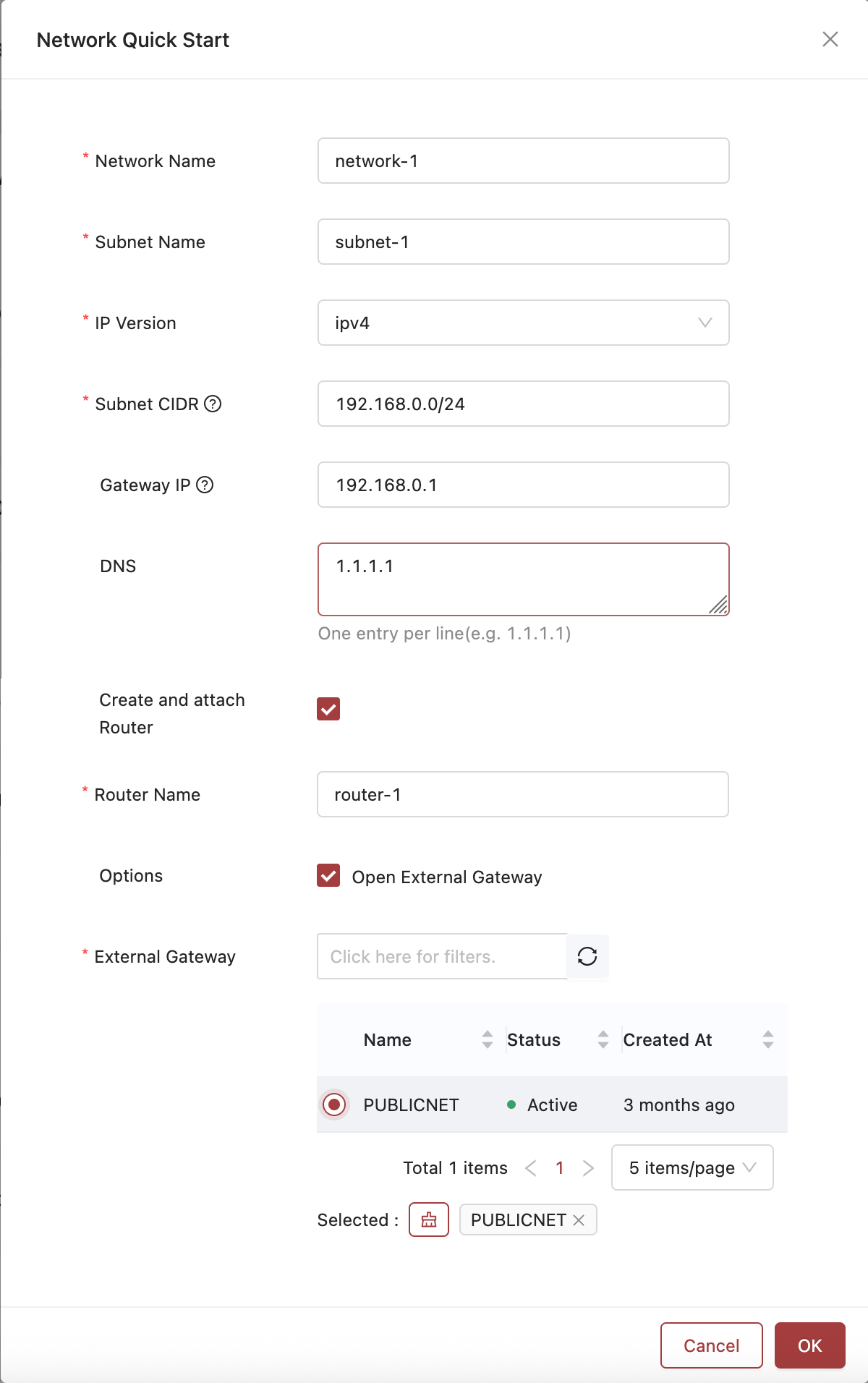 The QuickNet Pane with the expanding Public Access options.