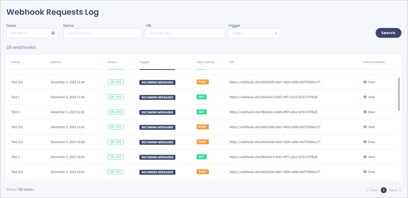 Screenshot of the Webhook Requests Log table with the 'Name,' 'Sent At,' 'Satus,' 'Trigger,' 'Http method,' 'URL, 'Documentation' columns. Also, the options of sorting the logs by dates, names, URLs, or trigger are displayed.