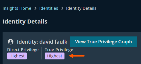 The Identity Details page for an user named David Faulk. Display includes options for viewing Direct Privilege and True Privilege, both marked as Highest.
