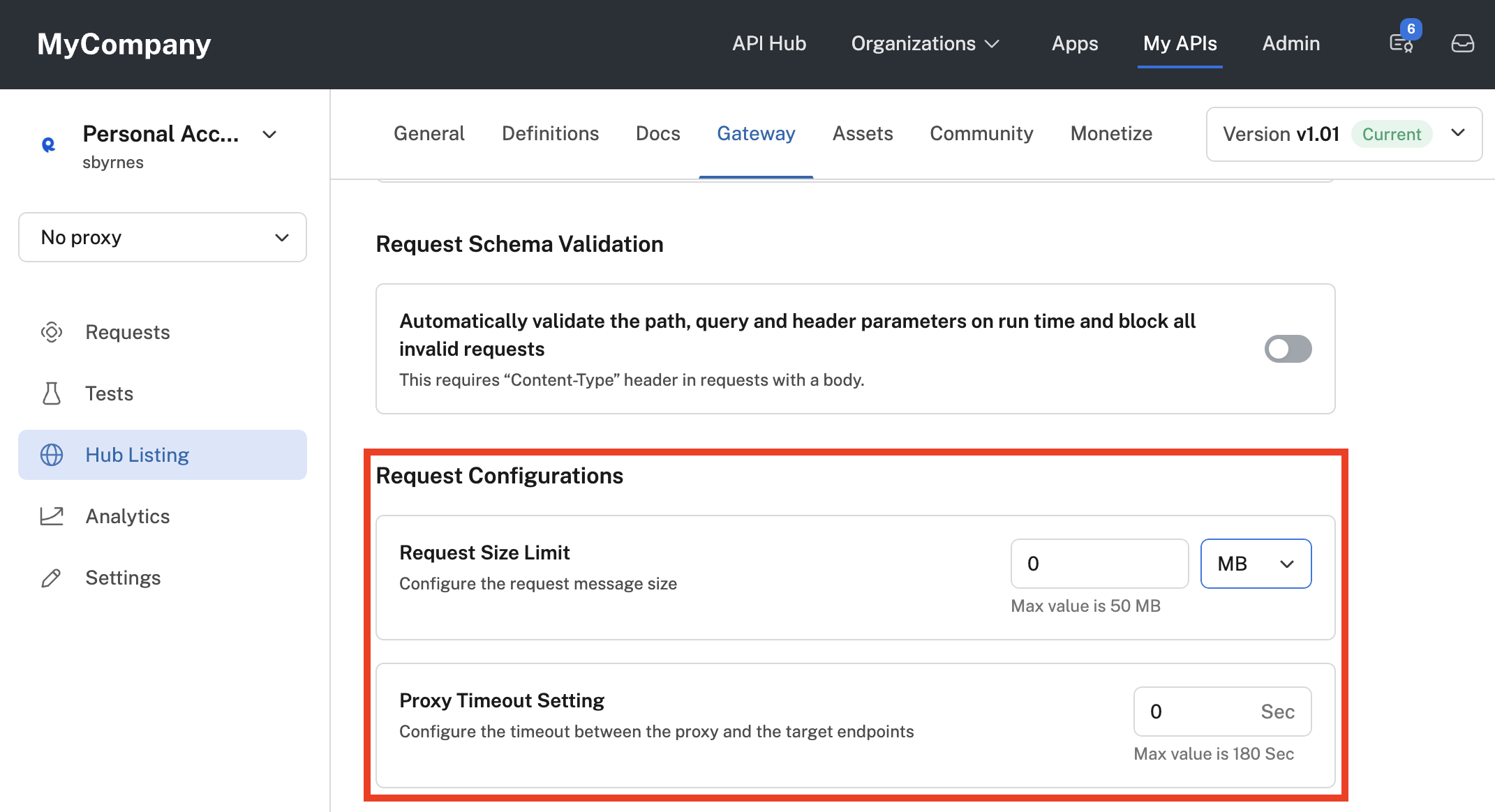 Request configurations for an API.