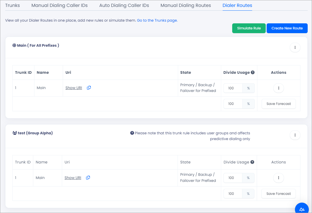 Dialer Routes tab