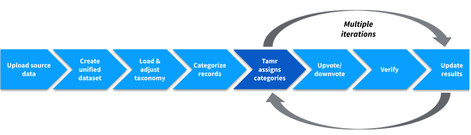 managing-record-categroizations-img1.png Categorization project workflow. The process of data mastering. Step 5 is a darker shade of blue to indicate that Tamr completes this step.