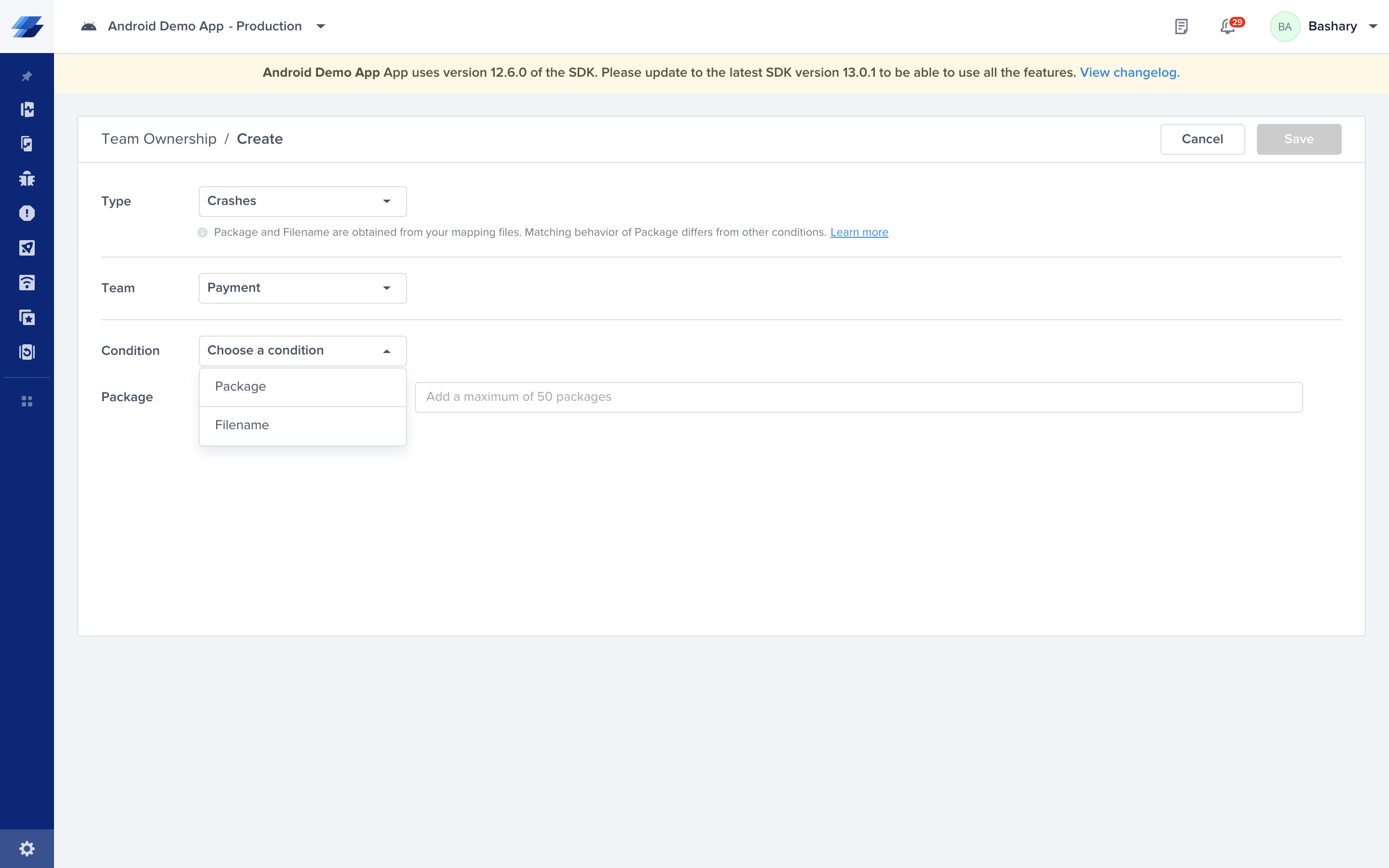 Choosing Crash Definition Condition Type