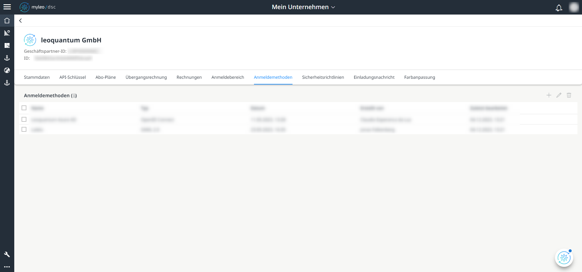 Mein Unternehmen - Tab "Anmeldemethoden"