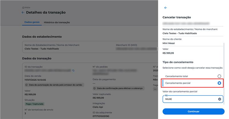 Janela com opções de cancelamento visível. A opção "Cancelamento parcial" está selecionada, indicando que apenas parte do valor da transação será cancelado. O botão "Continuar" está destacado para avançar no processo.