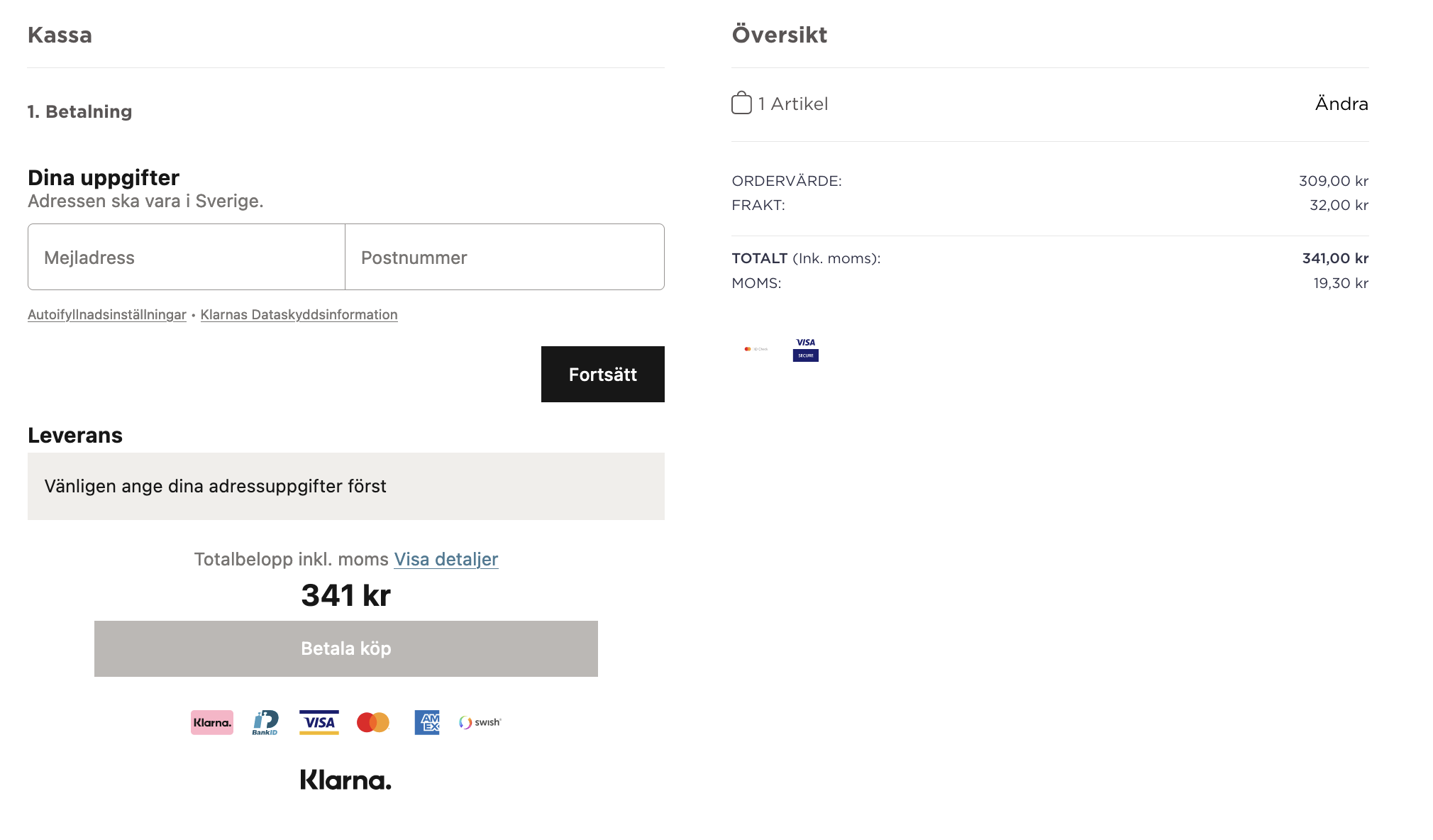Example of Tipser standard checkout page localized for Sweden