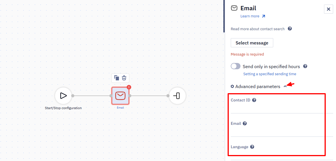 Email block settings with Advanced parameters expanded showing Contact ID, Email, and Language fields highlighted