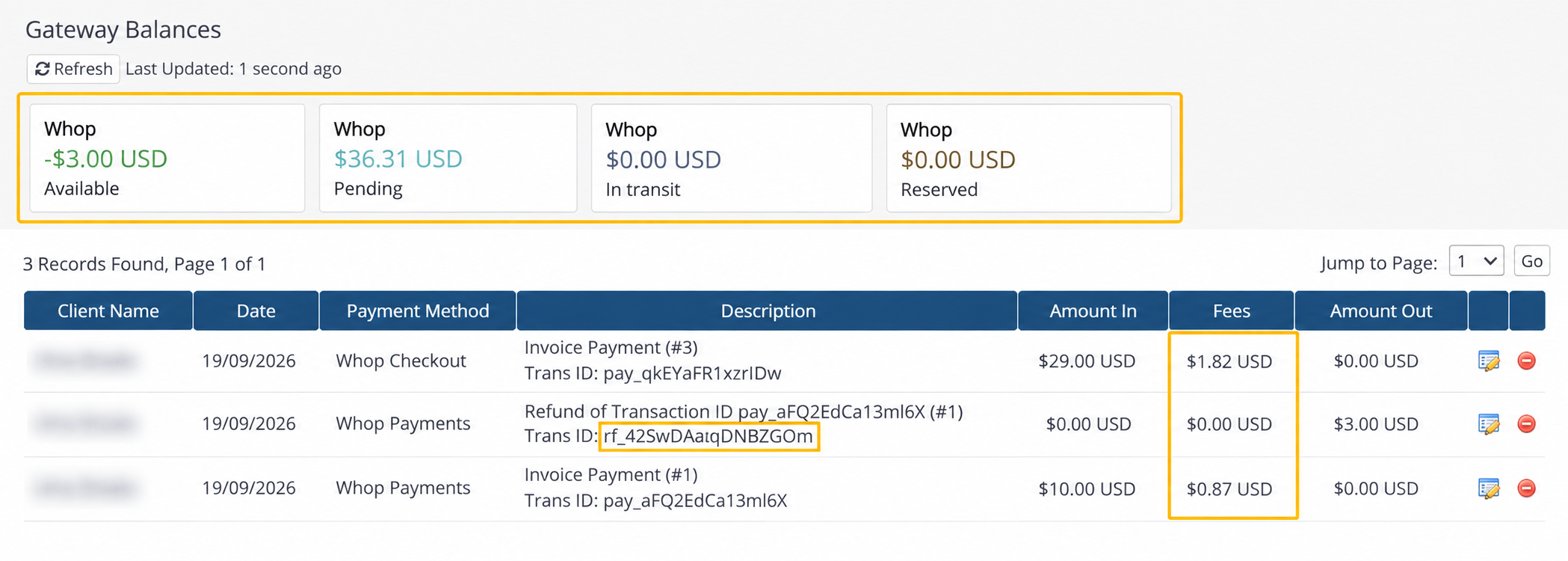 Transaction row with fee