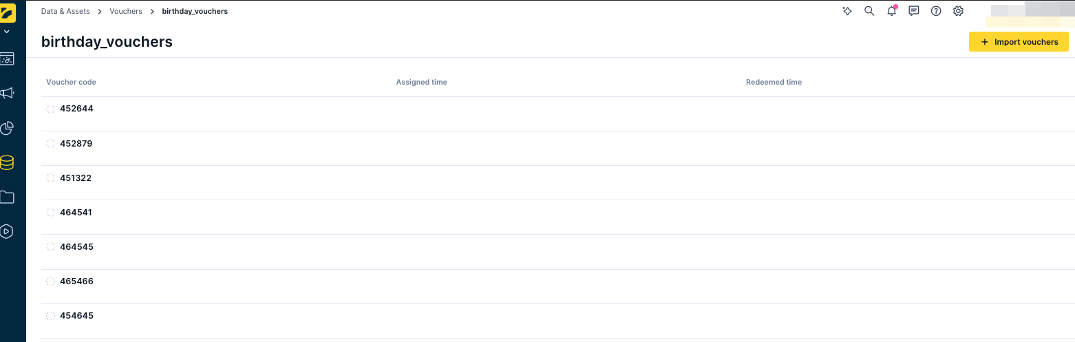 Voucher pool in Data & Assets showing assignment and redemption status for individual codes