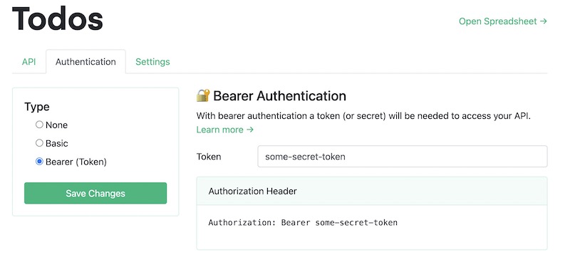 In "Authentication" tab, you can create a Bearer token.