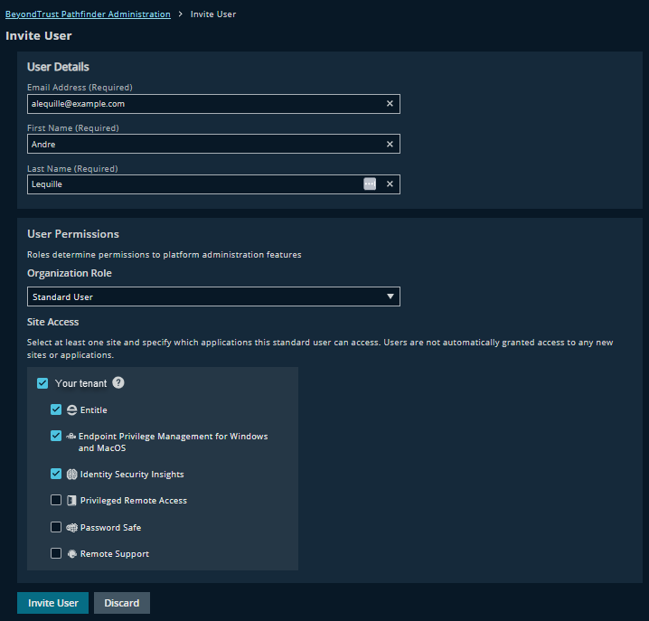 Invite User page with fields to enter user information and assign permissions.