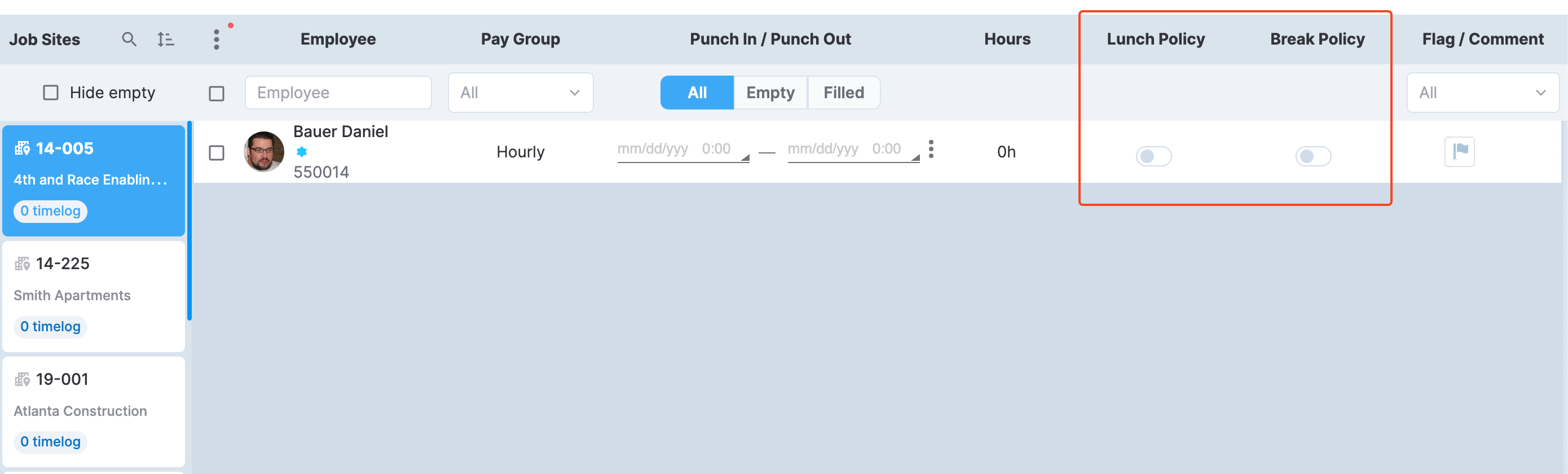 lunch and break policy toggles on the timelog row