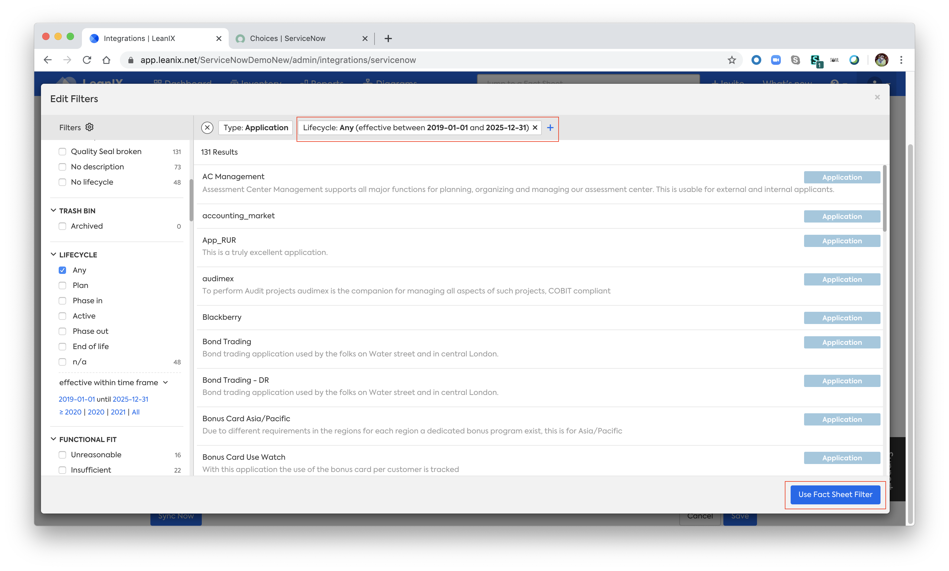 Screenshot 2020-03-04 at 15.28.05.png Example; filtering from LeanIX to ServiceNow of Application Factsheets, synchronizing Applications only if their life-cycle is in `phaseIn` or `active`.