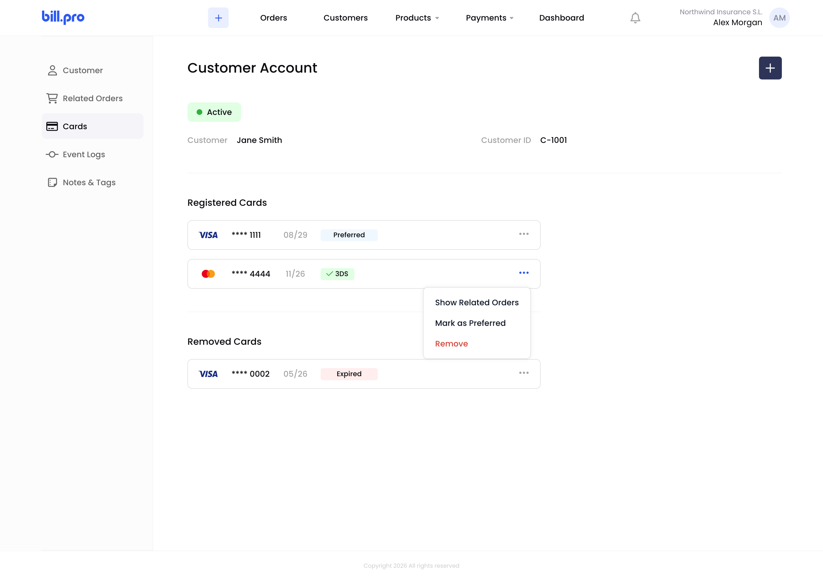 The card menu with Show Related Orders, Mark as Preferred and Remove