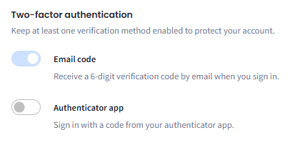 Screenshot with the Authenticator app off, the Email code toggle dimmed