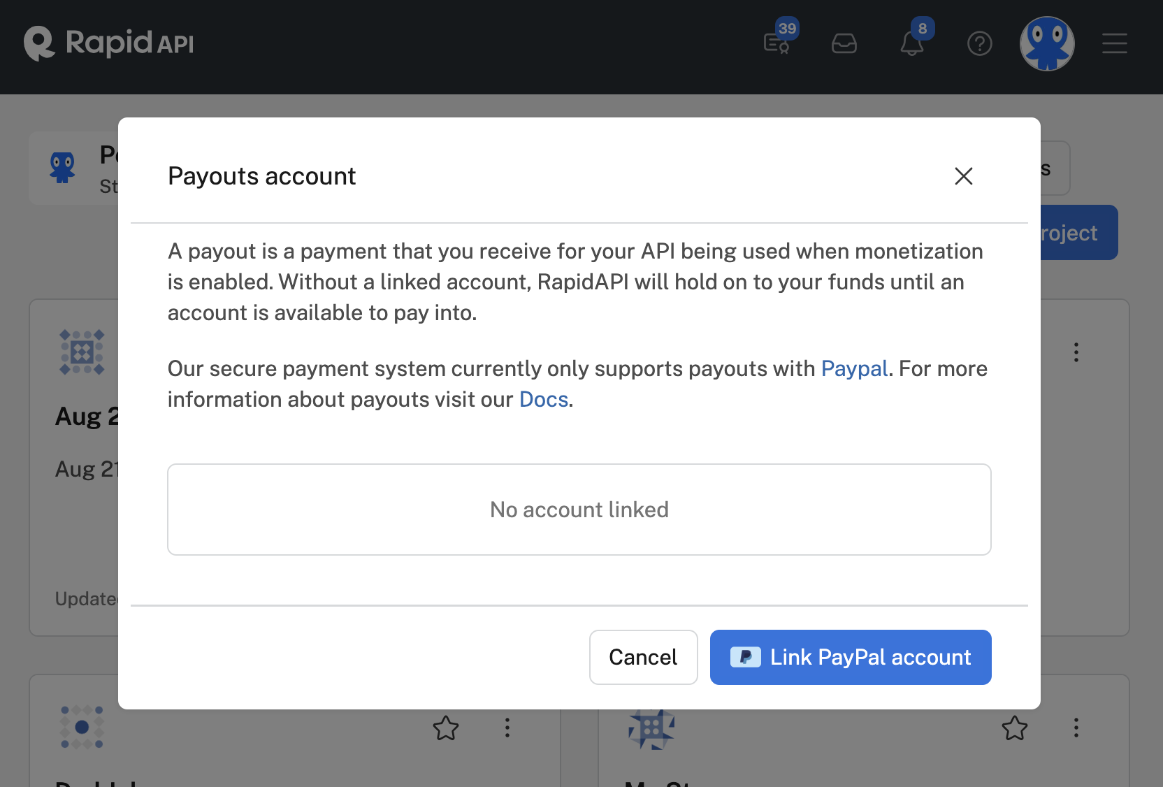 Linking a PayPal account to Rapid to enable payments from your API subscribers.