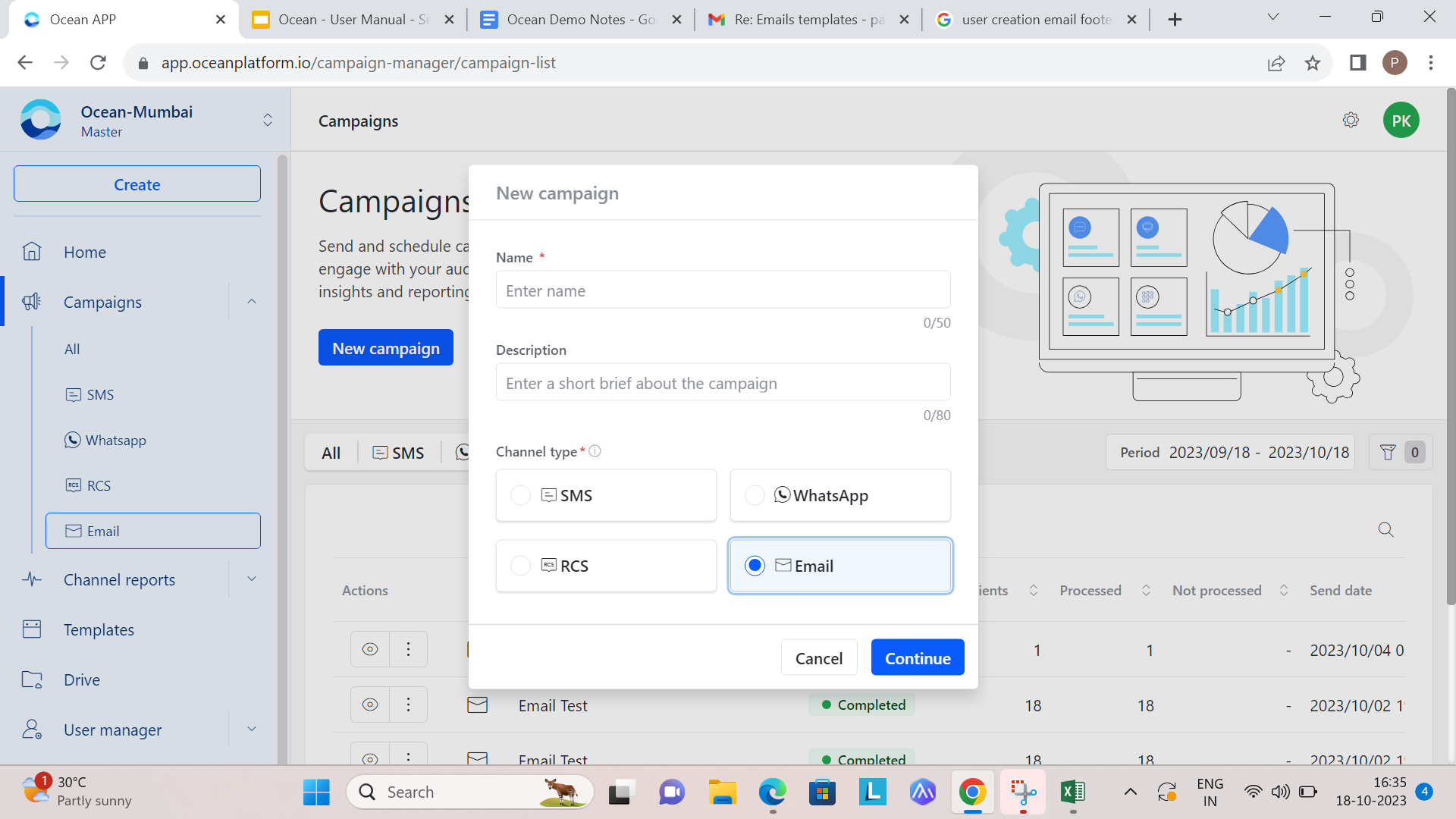 Create new Email campaign popup