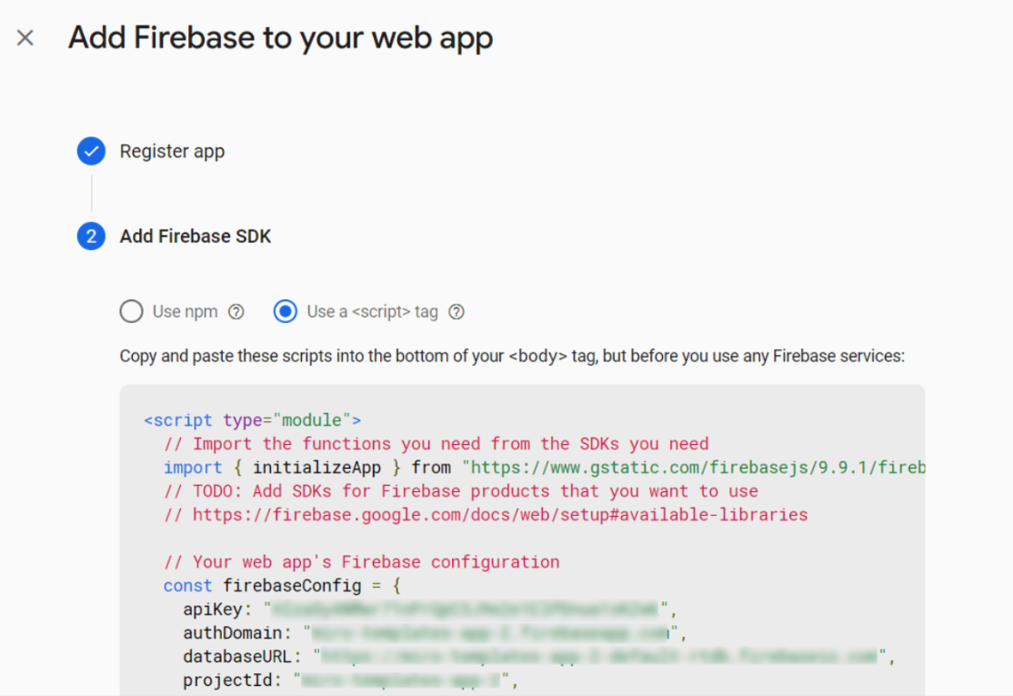 Figure 23. Add Firebase to your web app page showing Firebase configuration.