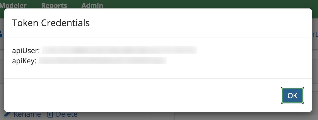 Admin tab showing application token details